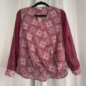 Kut From The Kloth Surplice Blouse Burgundy Geometric Relaxed Fit Petite XS